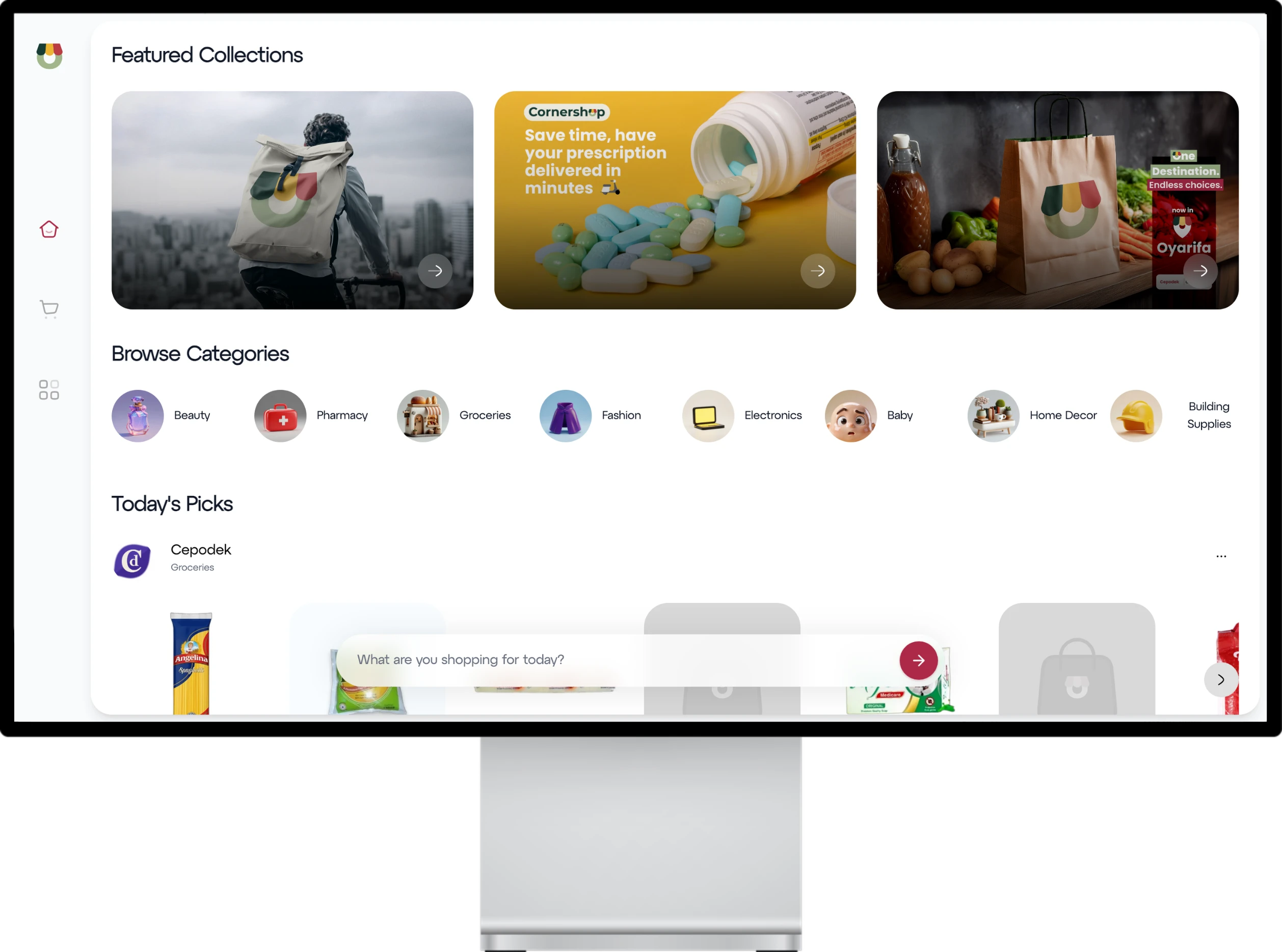 Cornershop on a desktop monitor, showing featured collections, categories and today's picks