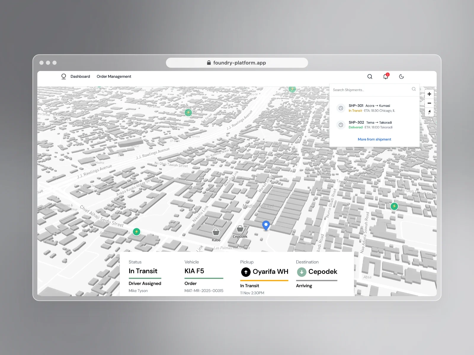 Supply Flow shipment tracking on a live map in a browser window