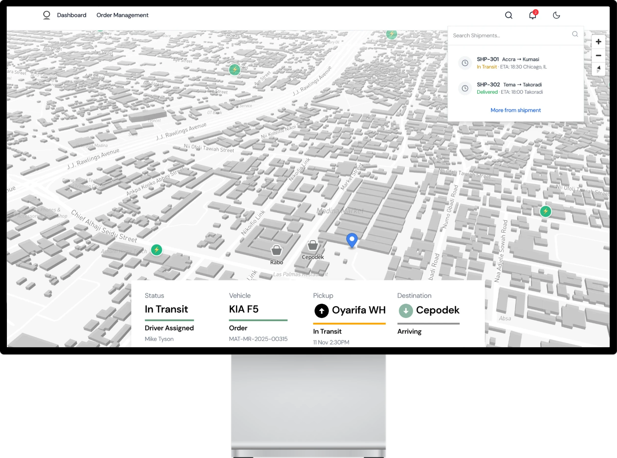 Supply Flow on a desktop monitor, tracking a shipment in transit from Oyarifa warehouse to Cepodek on a live map