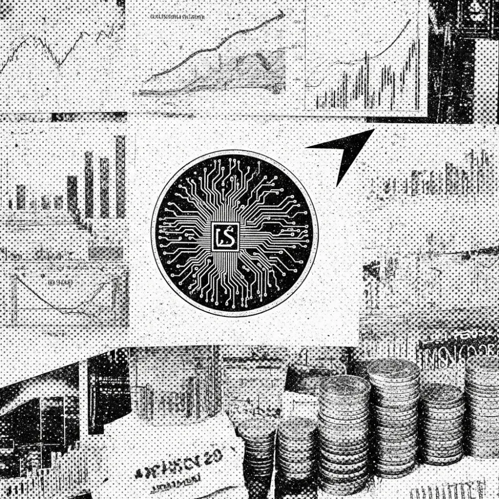 Halftone collage of a circuit-board coin marked S, market charts and stacks of coins
