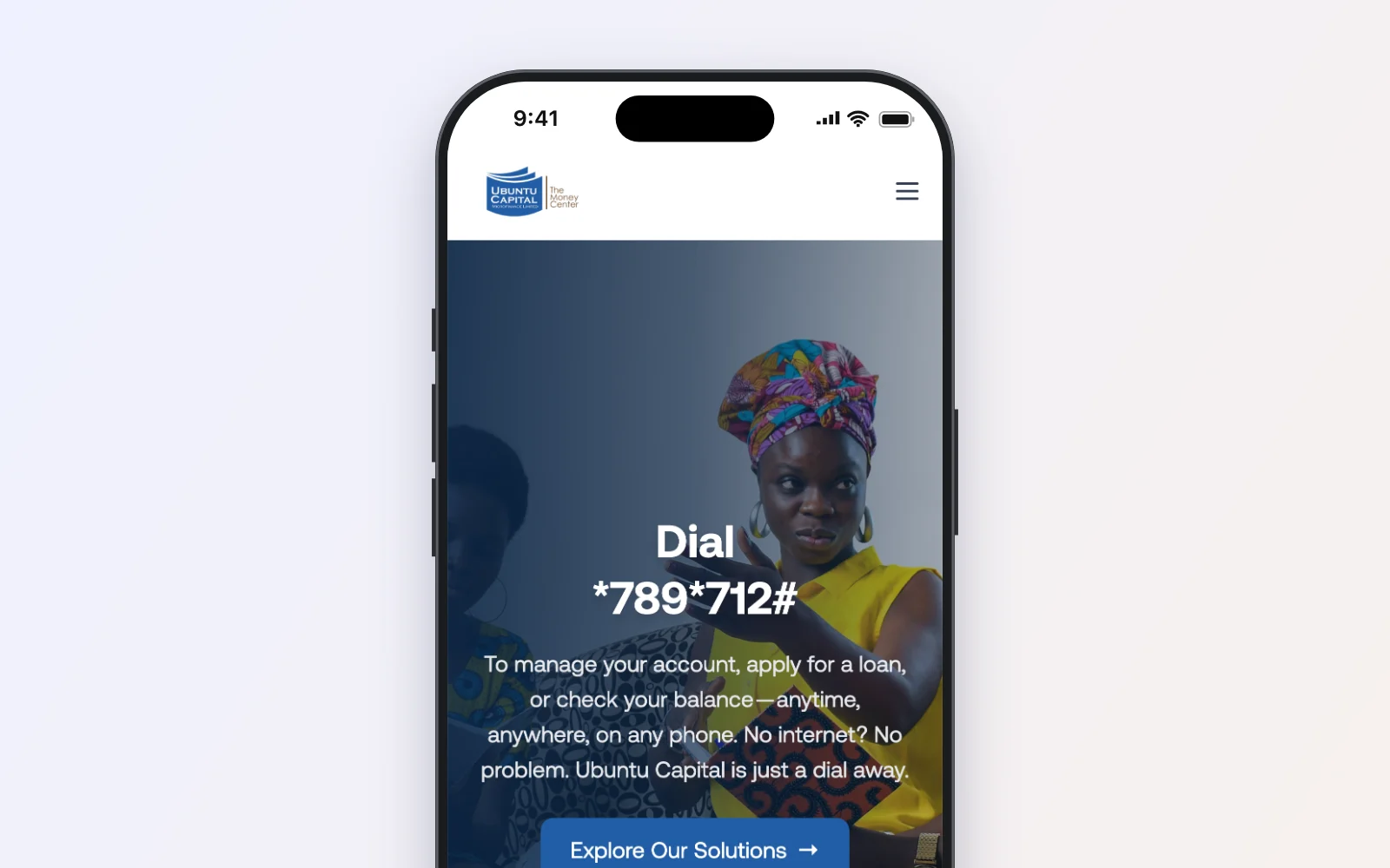 Ubuntu Capital website on an iPhone, showing its dial *789*712# banking service